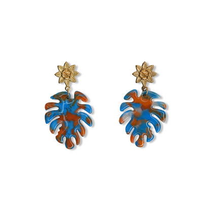 Aretes Hoja Dentada Azul Anaranjado
