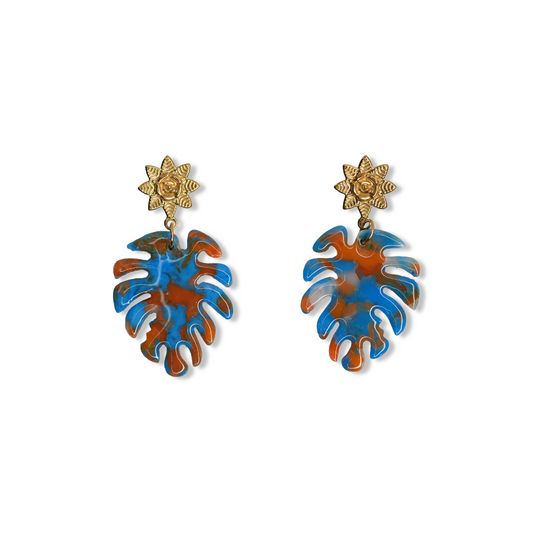 Aretes Hoja Dentada Azul Anaranjado