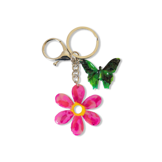 Llavero colgante Mariposa Golondrina + Flor Plumeria